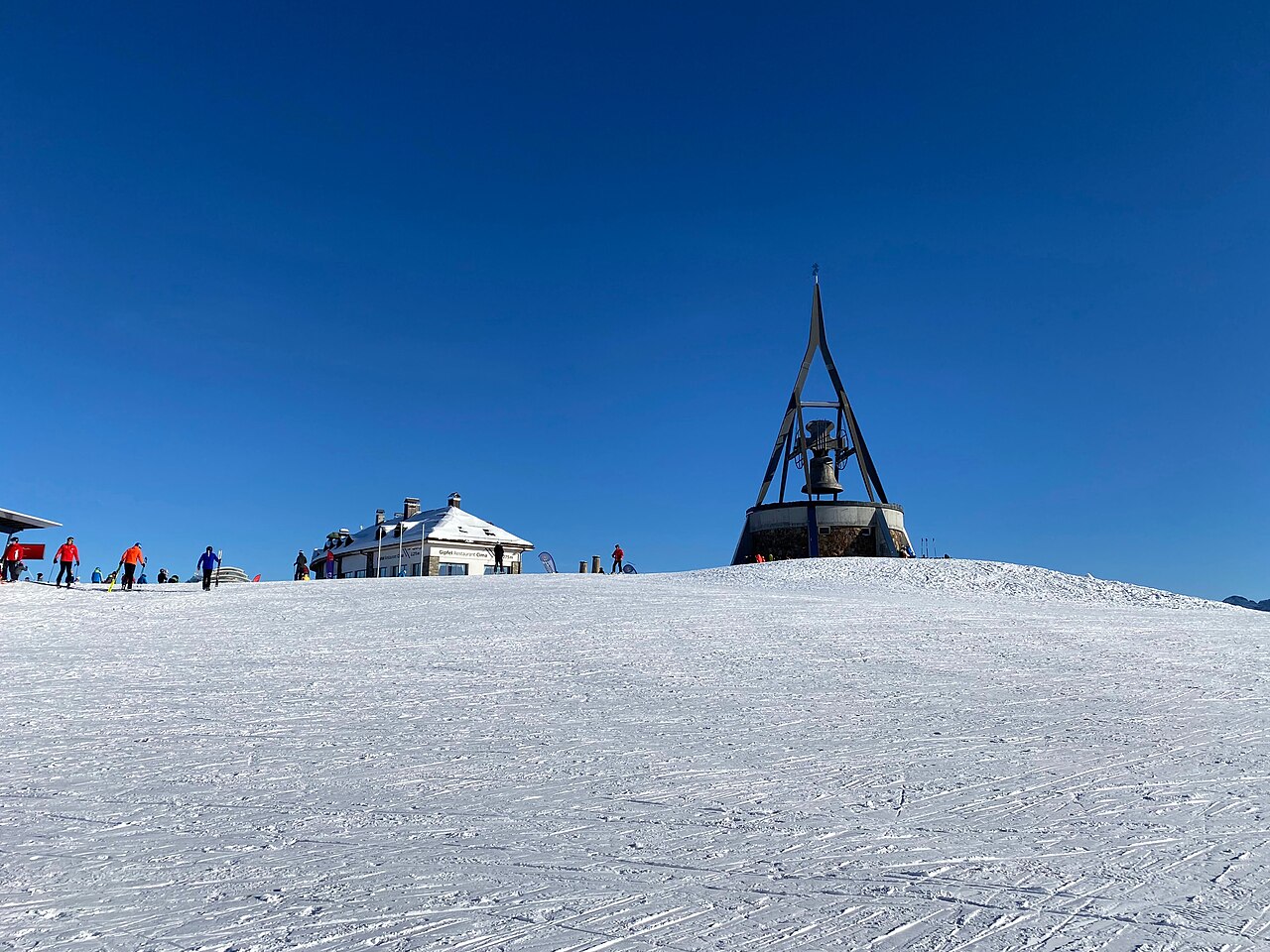Słoneczny szczyt Kronplatz, dzwon i narciarze
